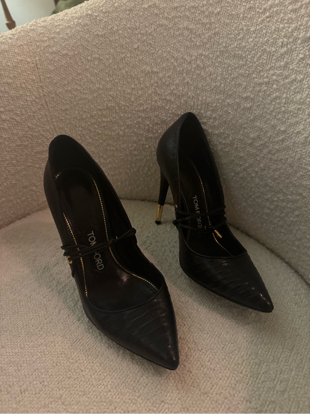 Tom Ford Black Pointed Toe Stiletto Pumps with Gold Heel Accent